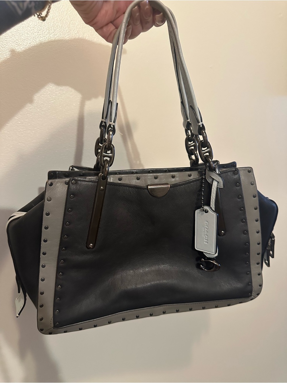 Coach Dreamer Blue and Gray Studded Leather Shoulder Bag
